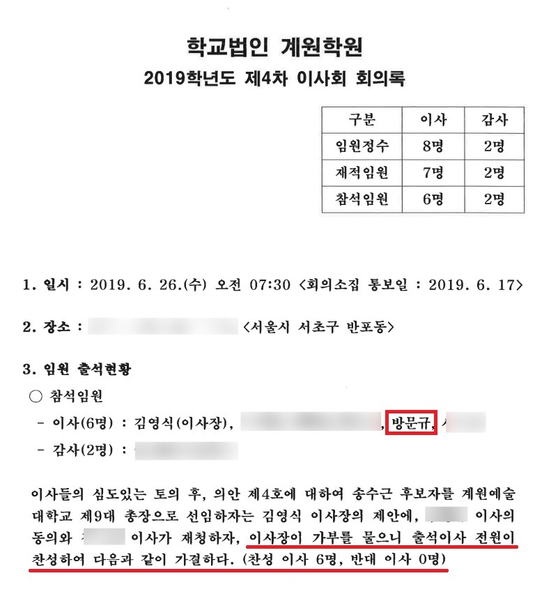 방문규 산업부 장관 후보자가 송수근 전 문체부 차관의 계원예술대학교 총장 임명에 동의한 이사회 회의록 일부. ⓒ학교법인 계원학원 2019학년도 제4차 이사회 회의록 갈무리