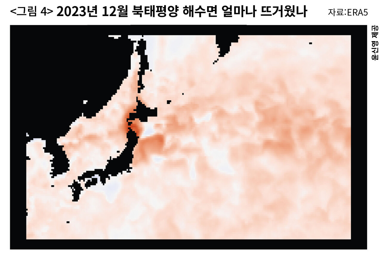 〈그림 4〉 일본 북동부를 포함한 북태평양의 1940년 12월9일과 2023년 12월9일의 수온 차이를 표시한 지도. 붉을수록 바다가 뜨거워진 곳이다. ⓒ윤신영