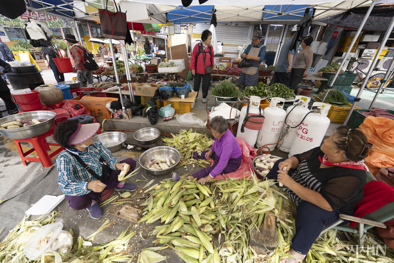 직접 재배한 찰옥수수를 장터에서 손질하고 있는 상인들. ⓒ시사IN 이명익