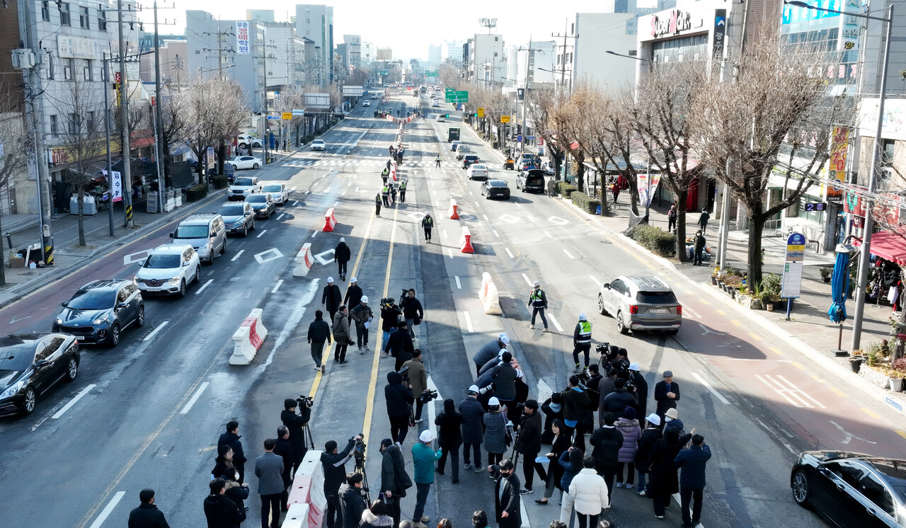 광주도시철도 2호선 1단계 구간 중 일부인 광주광역시 동구 산수오거리 도로의 모습.  ⓒ무등일보