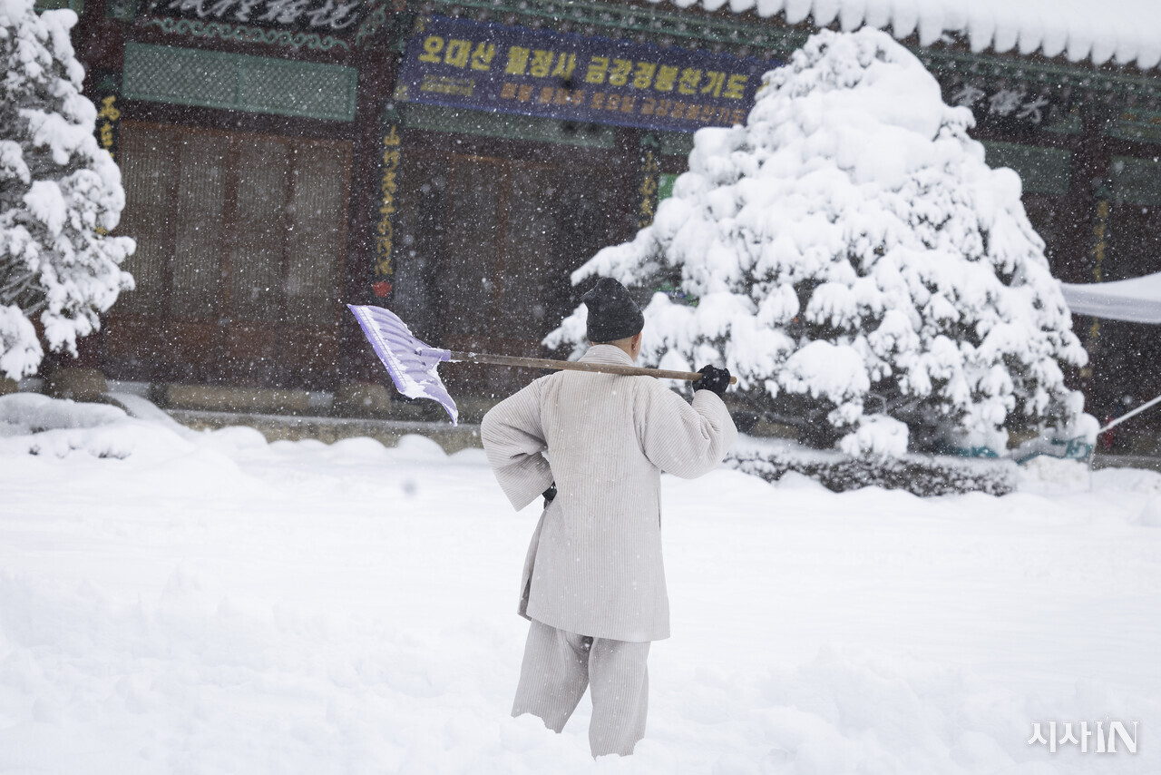 오대산 월정사 주지 스님인 정념 스님이 눈을 치우던 중 허리를 펴고 휴식을 취하고 있다. ⓒ시사IN 이명익