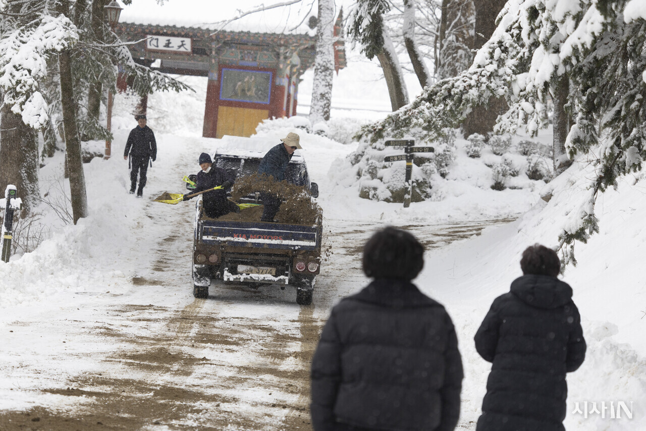 오대산 월정사의 천왕문으로 향하는 길 월정사 사무처 직원들이 길에 흙을 뿌리고 있다. ⓒ시사IN 이명익