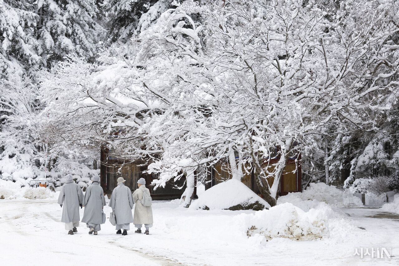 동안거 해제 법요식을 마친 스님들이 월정사 천왕문으로 나가고 있다.  ⓒ시사IN 이명익